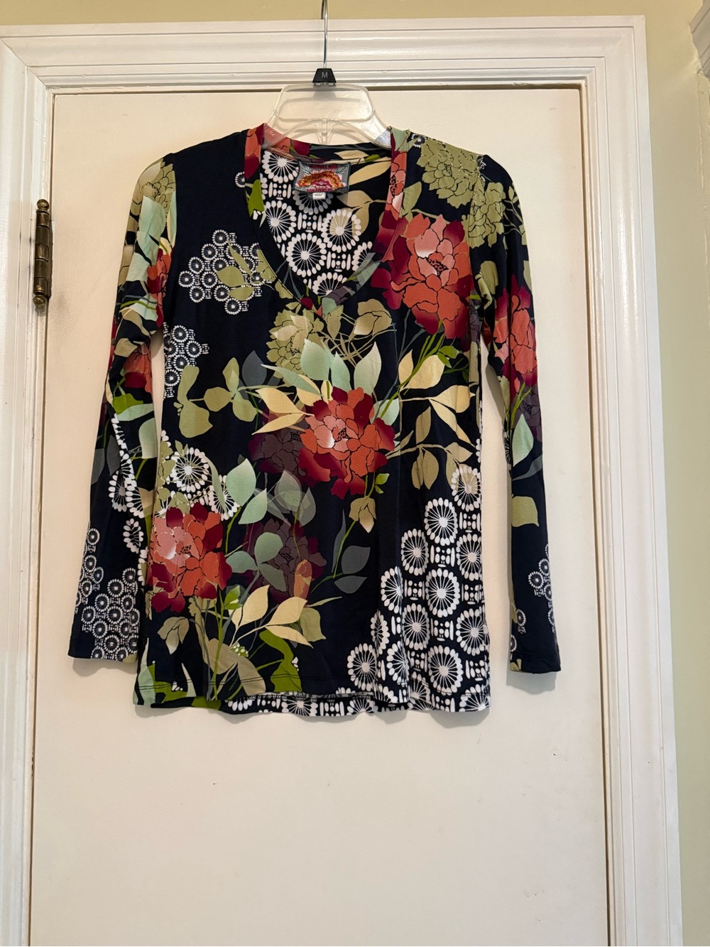 Johnny Was Black Floral V-Neck Long Sleeve Top with Red & Green Blooms